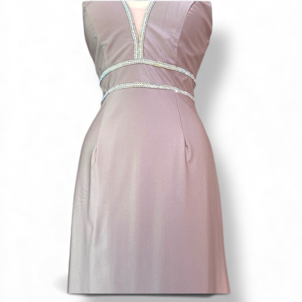 NWT Lenovia dress maxi USA mob formal Gown crystals rose- pink V-Neck Wedding S
